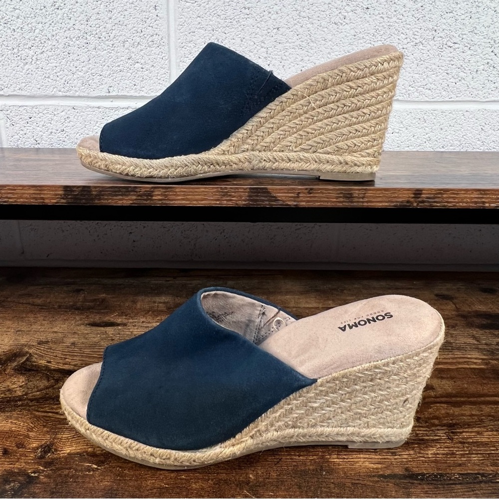 Sonoma Espadrille Wedge Leather Slide Sandals Blue Peep Toe Casual Women's 7.5 - Picture 2 of 10